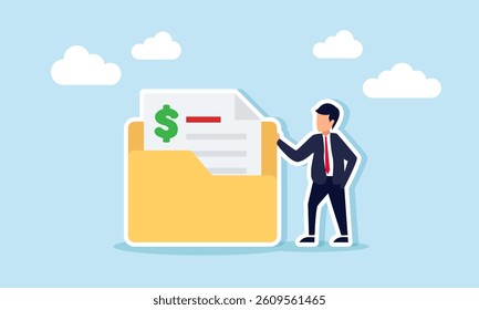 A businessman stands next to a folder containing financial documents, illustration of financial document archive in a business company