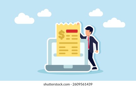 A businessman stands next to a laptop pulling out a bill paper from the monitor screen, illustration of a digital system to create payment invoices