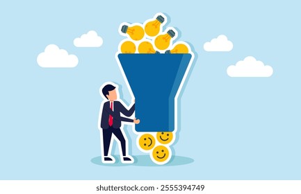 A businessman stands next to a machine that can turn a lamp into a happy emoticon, illustration of applying ideas and innovations effectively to boost revenue and income