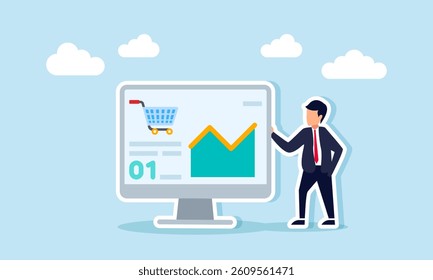 A businessman stands next to a monitor showing a line chart and shopping cart, illustration of report based on online and digital product purchase data