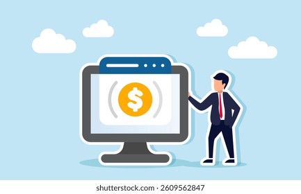 A businessman stands next to a monitor showing an app interface with a dollar coin, illustration of online payment system integrated digitally