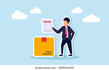 A businessman stands next to a package box carrying a document labeled INVOICE, illustration of a billing invoice document for business product purchase