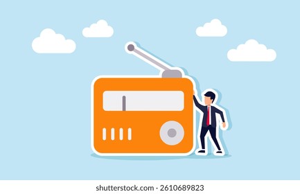 Businessman stands next to a radio, illustration of business in the radio industry focusing on communication, information, and media broadcasting