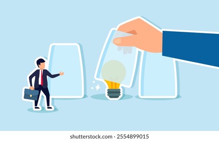 A businessman stands next to a row of glasses and watches a hand opening a glass containing a light, illustration of observing and analyzing innovations by competitor companies