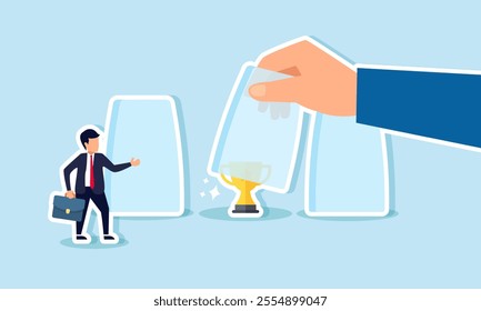 A businessman stands next to a row of glasses and watches a hand opening a glass containing a trophy, illustration of observing and analyzing competitor to become a leading company