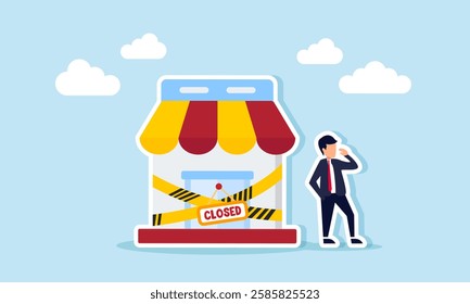 Businessman stands next to a sealed store with a hanging sign that says CLOSED, illustration of bankruptcy, losing in competition, or falling behind in innovation