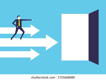 Businessman stands on the arrow leading to the destination door vector design