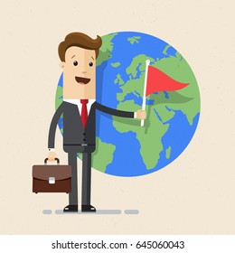 Businessman stands on the background of the globe with small flag in his hand. Business concept,  world trade, distribution. Vector, illustration, flat