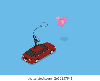 businessman stands on a car and attempts to lasso a flying piggy bank, symbolizing the challenge of catching savings or financial goals isometric 3d vector illustration