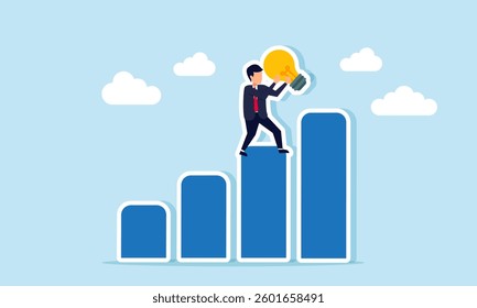 A businessman stands on a chart holding a lit lamp, illustration of business ideas and innovation to improve business performance