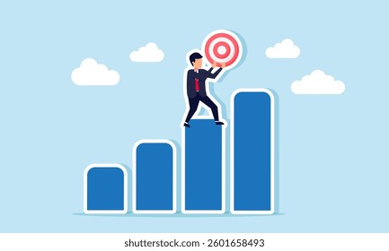 A businessman stands on a chart holding a target board, illustration of performance improvement related to business target completion
