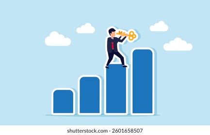 A businessman stands on a chart holding a key, illustration of a solution to increasing business performance exposure