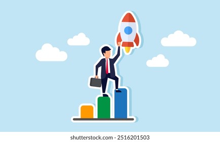 A businessman stands on a chart trying to catch a soaring rocket, illustration of Aligning company performance with the accelerating market trends