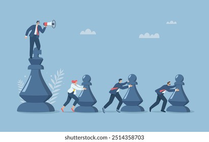 Businessman stands on chess piece with megaphone and orders his team to fight according to a planned strategy, Collaborative strategies for mutual success, Leadership in leading business teams.