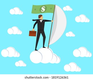 Businessman stands on a cloud with a sail and a dollar flag. Vector illustration.