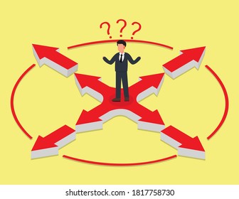 Businessman stands on crossroads and thinks where to go. Business direction
