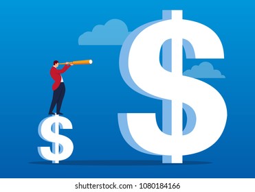 Businessman stands on dollar with telescope looking at bigger dollar