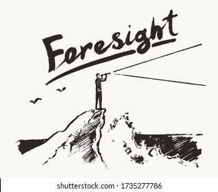 Businessman stands on the edge of a cliff in front of the sea and looks into the distance into a telescope. Conceptual image of foresight, forecast. Hand drawn vector illustration