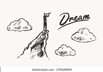 Businessman stands on the edge of a cliff and looks into the distance into a telescope. Conceptual image of foresight, forecast, dreaming. Hand drawn vector illustration, sketch