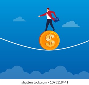 Businessman stands on a gold wire to walk a tightrope