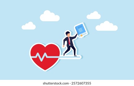 A businessman stands on a heartbeat holding a book, illustration of the importance of preparing reports for the completion of a business project