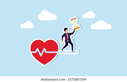 A businessman stands on a heartbeat holding an hourglass, illustration of the essence of a business being its process and time