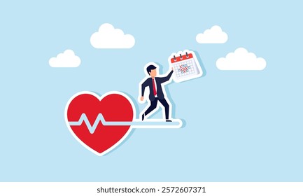 A businessman stands on a heartbeat holding a calendar schedule, illustration of the importance of organizing business event schedules for better structure and efficiency