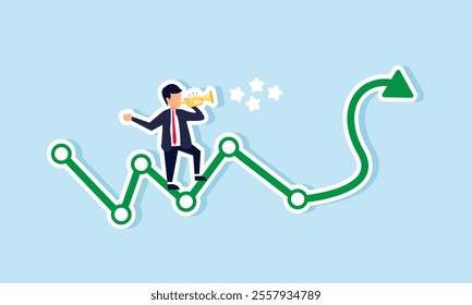 A businessman stands on an increasing green graph playing a trumpet that emits a sound labeled with a star, illustration of enjoying improved business quality performance