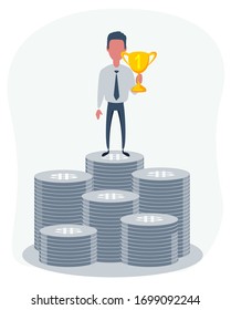 Businessman stands on large stack of coins. Vector illustration