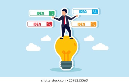 A businessman stands on a lit lamp surrounded by search engines labeled IDEA, illustration of suggestions on various business ideas and innovations