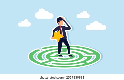 A businessman stands on a maze holding a star, illustration of confusion in designing strategies to improve business ratings and quality