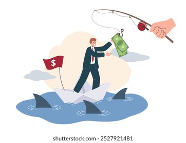 Businessman stands on a paper boat, skillfully balancing money in hand while sharks circle below. His expression conveys focus amidst economic uncertainty.