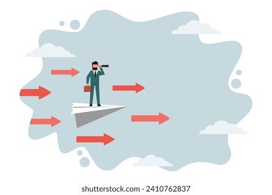A businessman stands on the paper plane looking through binoculars looking for new ways or new business challenges. Businessmen who are looking for opportunities to develop themselves.