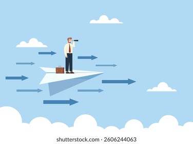 Businessman stands on paper plane looking through binoculars looking for new ways or new business challenges. Businessmen who are looking for opportunities to develop themselves. Vector illustration