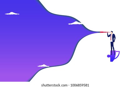 Businessman stands on a puzzle part of trophy using telescope looking for success, opportunities, future business trends. Vision concept. Cartoon Vector Illustration.