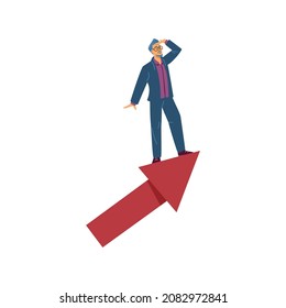Businessman stands on raising graph arrow looking forward, flat vector illustration isolated on white background. Business concept of opportunities and options.