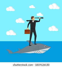 A businessman stands on a shark and looks through a spyglass. Vector illustration.