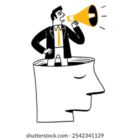 A businessman stands on something that looks like a human head and speaks into a megaphone. Hand drawing vector illustration doodle style.