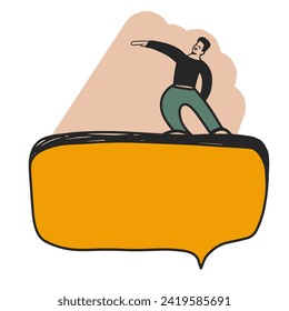 Businessman stands on speech bubble and shows direction with his hand. Motivated man ready to implement an idea. Embodiment of innovation. Message bubble. Cartoon style vector illustration