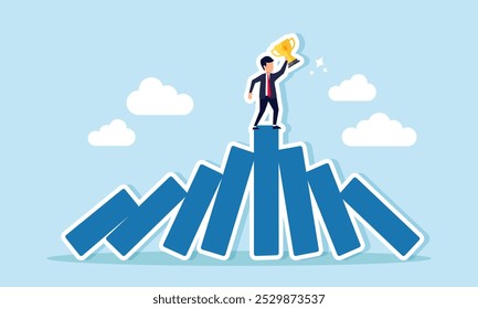 A businessman stands on a stack of blocks, lifting and showcasing a trophy, illustrating achievements gained after overcoming many challenges  