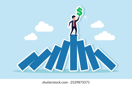 A businessman stands on a stack of blocks, lifting and displaying a dollar sign, illustrating the resilience of the dollar's valuation amidst various issues