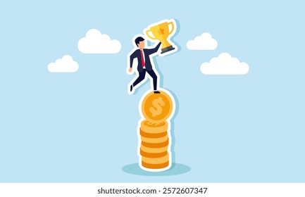 A businessman stands on a stack of coins holding a trophy, illustration of capital or investment required to become a leading company dominating market share