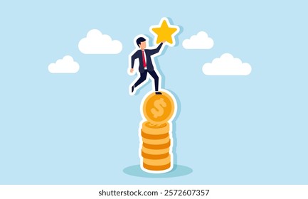 A businessman stands on a stack of coins holding a star, illustration of capital or investment required to achieve business quality