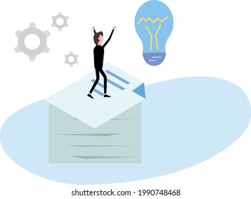 businessman stands on a stack of documents and sees a light bulb in front of him as a symbol of an idea