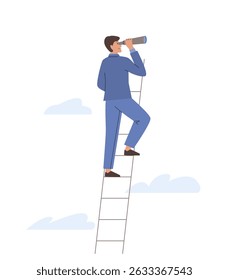 Businessman stands on stairs holding telescope looking for new business ideas, goals, investing, team, opportunities for career. Male character in suit. Flat cartoon vector illustration
