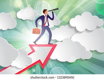 Businessman stands on top of arrow with telescope and briefcase among white paper clouds on beautiful spring green sunny rays light background