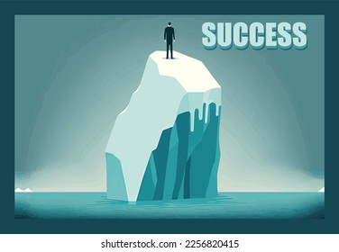 A Businessman stands on the top of the ice mountain, the Tip of the iceberg. Business concept. Iceberg. Success business metaphor. vector flat style, text "success".
