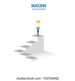 Businessman Stands On The Top Of Stairs, Business Concept Of Leadership, Talent, Outstanding, Creative And Power To Lead The Team Become Successful.