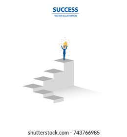 Businessman Stands On The Top Of Stairs, Business Concept Of Leadership, Talent, Outstanding, Creative And Power To Lead The Team Become Successful.