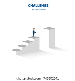 Businessman stands on top of the stairs and try to across to the next way. Business concept of goals, success, achievement and challenge. Vector illustration.